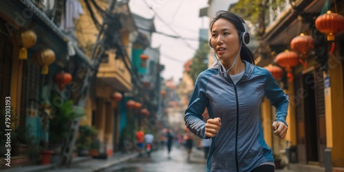 An Asian woman runs down a street wearing headphones and a blue jacket