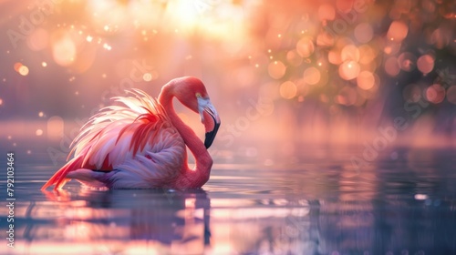 beautiful pink flamingo on a lake with blurred background style wallpaper in high resolution and high quality HD