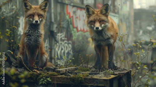 Two foxes in an urban setting