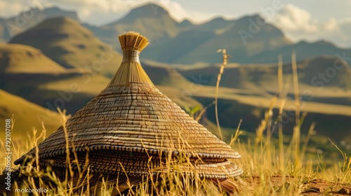 The traditional Basotho grass-works made hat, called "mokorotlo". It is a symbol of Lesotho's unification. African souvenirs. Southern Africa.