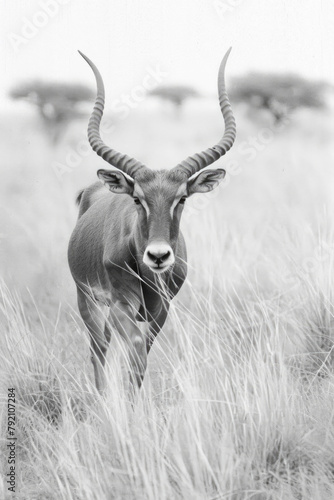 An antelope is standing amidst tall grass in a field, blending in with its natural surroundings