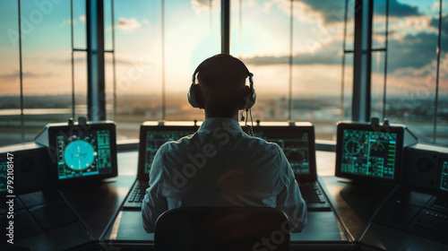 Air traffic controller operating in the control tower at the airport, supervising flights of airplanes