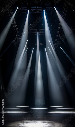 écran vertical : scène de spectacle noire avec projecteurs blancs