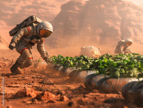 An astronaut and a robot planting crops on a Martian landscape, with space helmets and red soil.