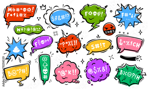 Comic swear speech bubbles, aggressive expletive curse, hate angry talk. Isolated vector set of colorful, dynamic dialogue clouds, conveying raw emotion and intensity, unfiltered vulgar rage outburst