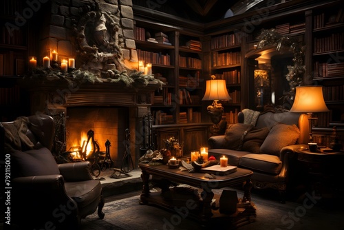 Luxury living room with fireplace and armchair in the dark