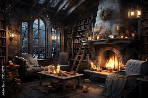 3d illustration of an old room with a fireplace and a bookcase