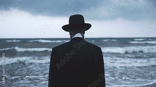 Backview of a Rabbi praying on the beach.