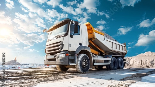 Robust Heavy-Duty Dump Truck on a Construction Site, Freshly Unloaded, Clear Blue Sky. Industrial Theme, Transportation and Machinery. AI