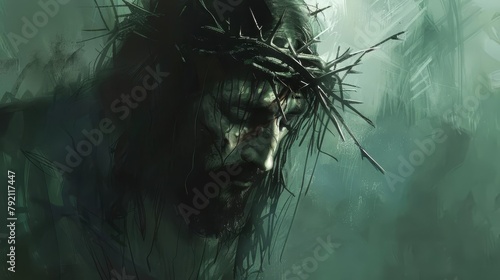 jesus christ with crown of thorns spiritual contemplation somber digital illustration