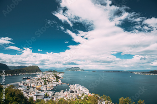 Alesund, Norway. Amazing Natural Bright Sunset Dramatic Sky In Warm Colours Above Alesund Islands. Famous Norwegian Landmark And Popular Destination. Top View