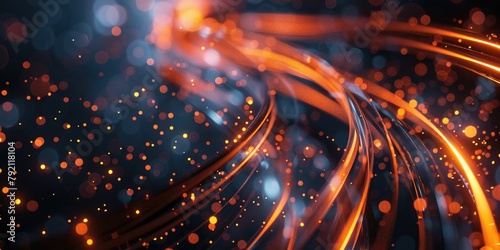 Abstract image of glowing orange light trails with sparkling bokeh on a dark background, conveying a sense of motion and energy.