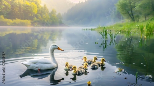 beautiful lake with a family of ducks wallpaper style in a sunrise in high resolution and quality