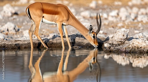 Black-faced Impala, Aepyceros melampus petersi, drinking at waterhole. Etosha National Park, Namibia, Angola & Namibia.
