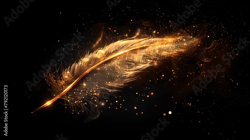 Vivid orange feather ablaze with sparkling particles, set against a dark background, conjures a sense of magic and mystery. Ideal for creative projects. AI