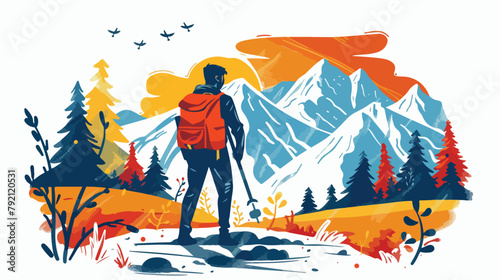 A man goes to the mountains. Vector illustration. 