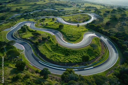 A winding road with a lot of grass and trees. The road is curved and has a lot of twists and turns