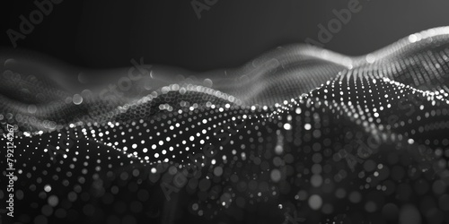 Abstract black and white image of a dynamic wave pattern formed by illuminated dots, creating a sense of motion and fluidity.