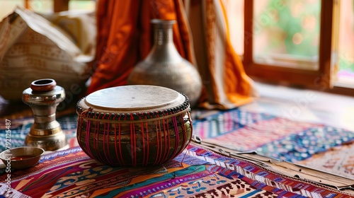 ethnic musical instrument tabla in the interior of the chill-out