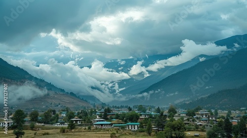 Himalaya mountains against clounds Between Paro and Thimphu Bhutan.