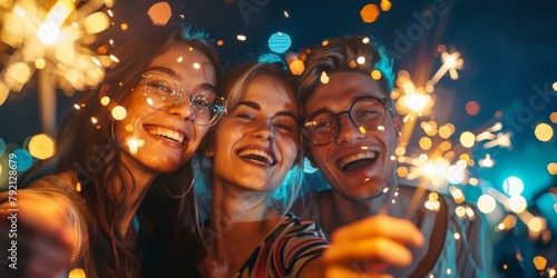 Joyful trio celebrates Independence Day with vibrant sparklers at nighttime, evoking festive patriotism and unity, ideal for Fourth of July themes.
