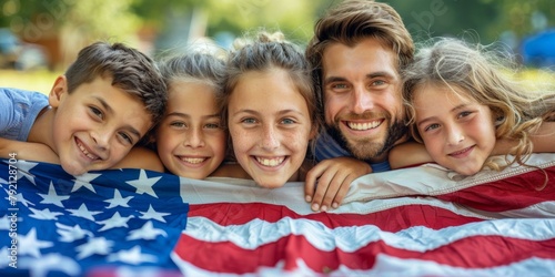 Joyful family of five celebrating Fourth of July with vibrant American flag, showcasing patriotism and familial bonds in summer, vibrant colors, joyful mood.