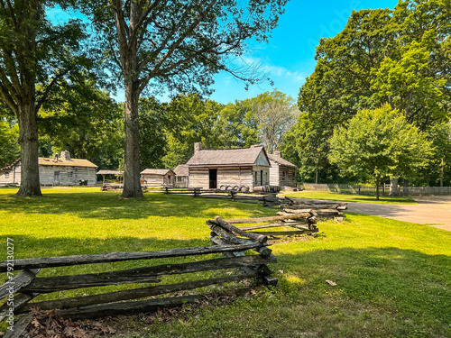 Split Rail Fence and Log Cabin Style Homes at Lincoln's New Salem State Historic Site. A reconstruction of the former village where Abraham Lincoln lived 1831 to 1837. Public park on public land.