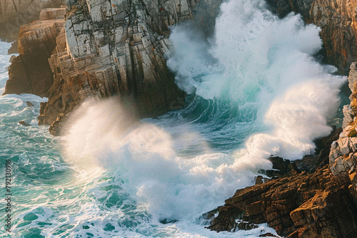 Waves crashing against rugged cliffs, creating a mesmerizing display of nature's power