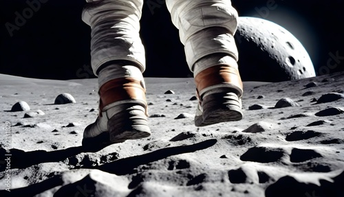 astronaut walking on the moon wearing hiking boots walking on a Space conquest back to the moon