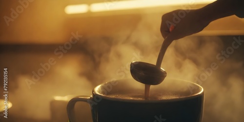 A close-up shot of a hand stirring a hot beverage in a mug, with steam rising from the cup