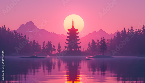 A dusk sky over a lake with a pagoda and mountain in the background