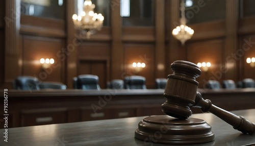 A wooden gavel on a table in a courtroom, with a chandelier and ornate architecture visible in the background.