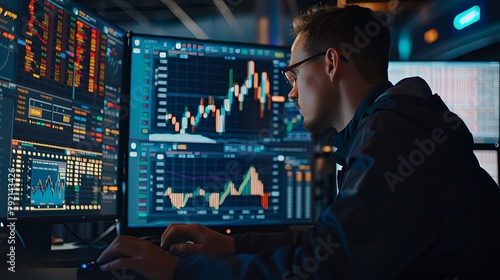 A trader using a computer to buy and sell stocks, with a screen showing trading platforms and stock market charts in the background.