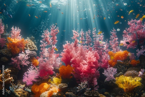 A vibrant coral reef bursting with an array of colorful corals in an underwater aquarium ecosystem.