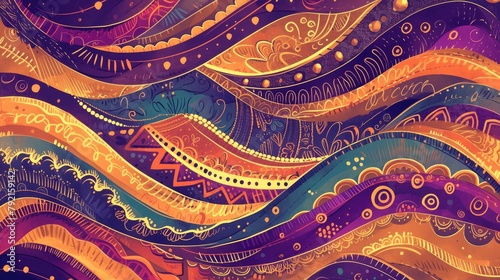 A vibrant ethnic doodle texture with Tracery patterns resembling Mehndi designs adorns a beautifully curved background in this colorful 2d illustration