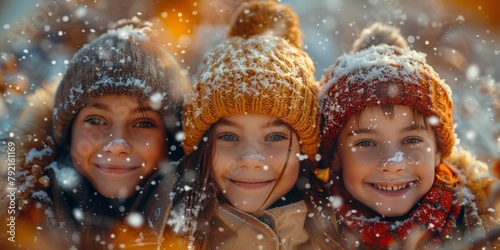 Three children wearing colorful winter hats and scarves playfully cavort in a snowy wonderland.