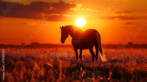 Cavalo no campo ao por do sol laranja