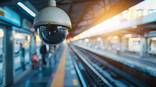 A surveillance camera installed on a train monitoring for any suious activity or individuals. .
