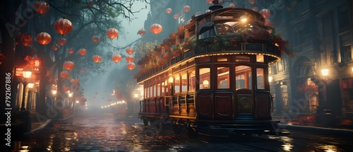Old-fashioned tramway in the night, Shanghai, China.