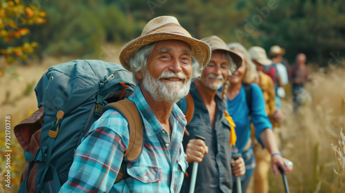 Group of old age happy people travel with backpacks hiking in green nature and tourism concept looking at camera.