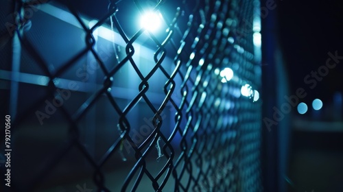 A nighttime image of the smart fencing system with LED lights illuminating the perimeter for enhanced surveillance. .