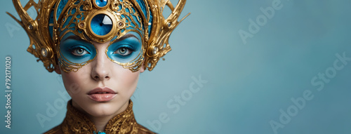 A woman's face wearing an ornate golden mask with turquoise accents and gems.