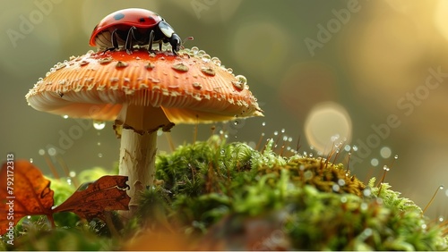 fly agaric mushroom, a vivid close-up of a ladybug on a mushroom