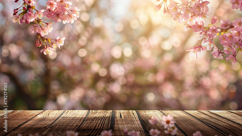 桜のフレームと木のテーブルトップの美しいイラスト