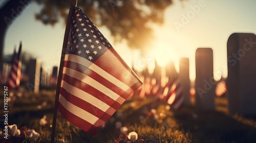 A poignant image of a small American flag placed beside a veterans grave in a national cemetery, rows of white headstones in the background under a clear blue sky