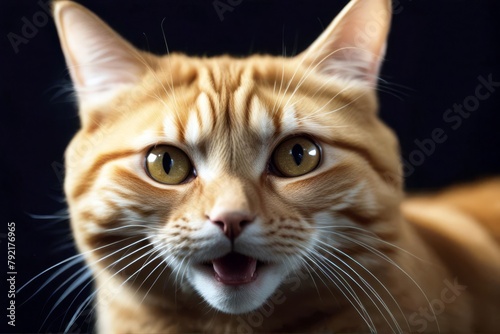'funny big background smiling gazing opened eyes portrait black ginger happy isolated mouth cat amazement smile domestic animal huge eye studio looking red tabby purebred felino stare striped cute'