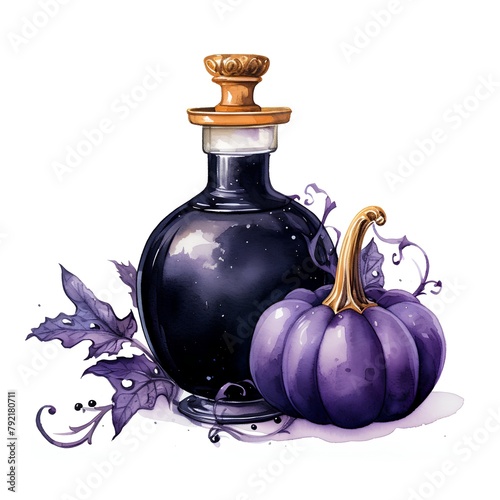 Watercolor illustration of a bottle of black magic potion with pumpkins
