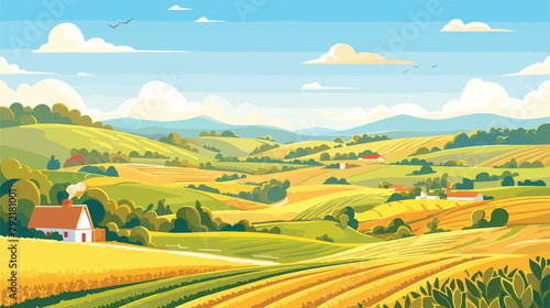 Rural landscape with fields and hills and with a fa