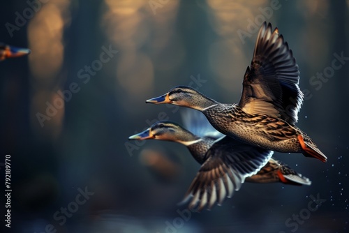 Two ducks flying in the sky with one of them having a black head