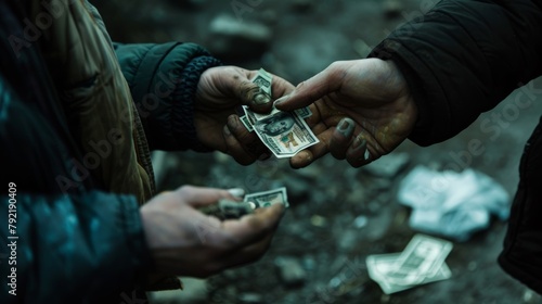 A close-up of hands exchanging stolen goods and money in a dark, secluded area